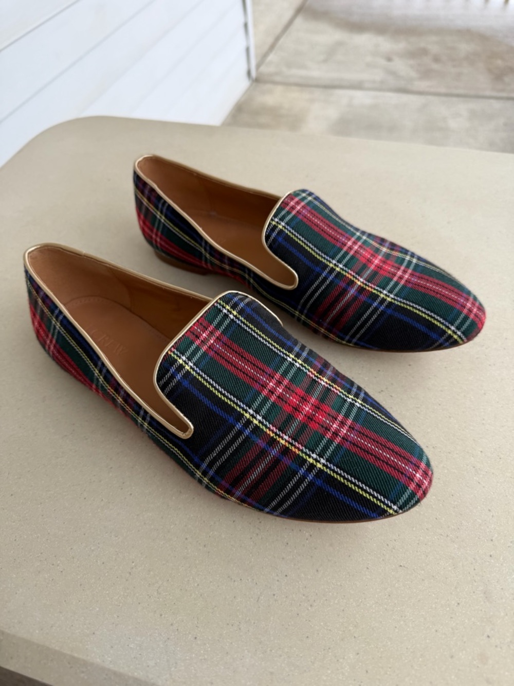 J Crew AT839 Size 8.5Casual Slip-On Stewart Plaid Smoking Slippers Loafers Flats